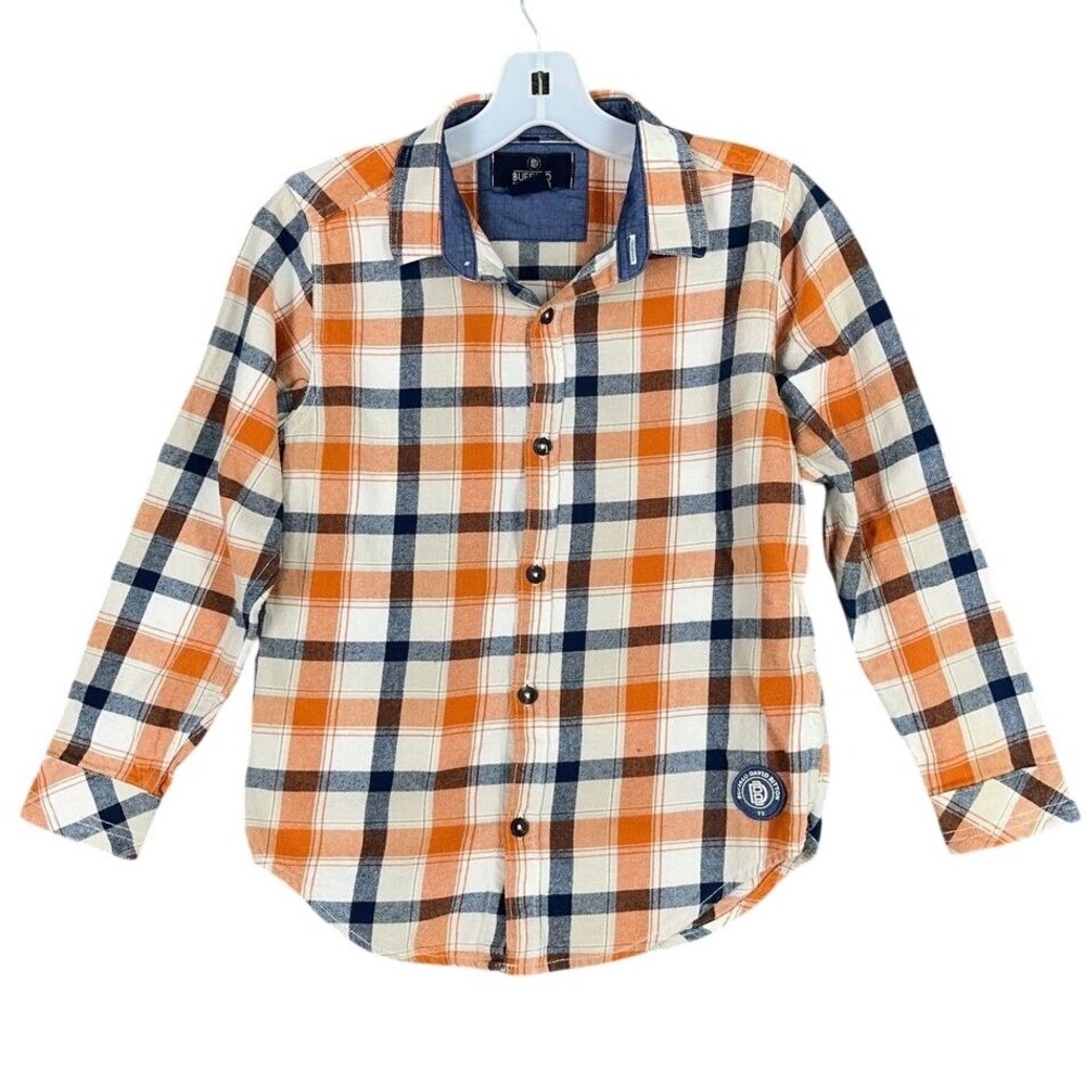 Buffalo David Bitton Plaid Flannel Button Down Shirt Orange Blue Checked M Boys‎